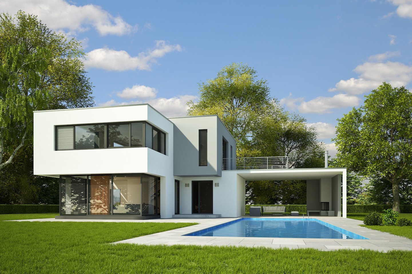 kubus weiss grau mit pool am tag