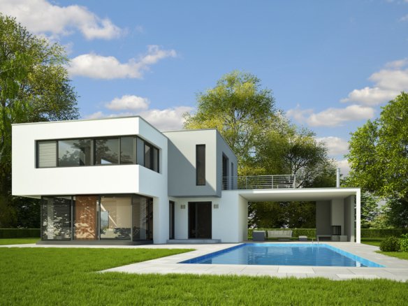 kubus weiss grau mit pool am tag